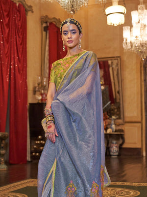 Gold Tissue Fabric With Multi Thread Embroidery Work And Lace Border Details.