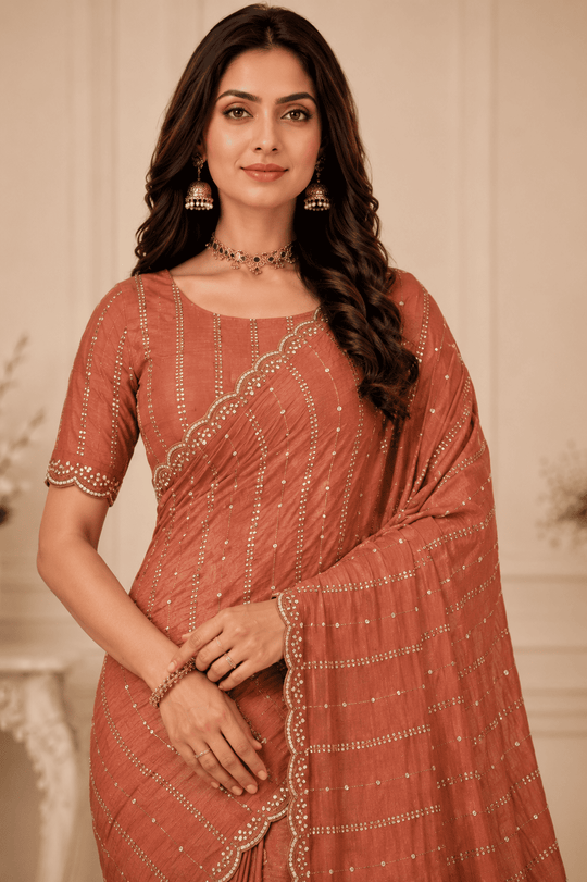 Rust Orange Embroidered Saree With Blouse Piece