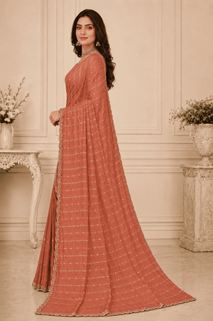 Rust Orange Embroidered Saree With Blouse Piece