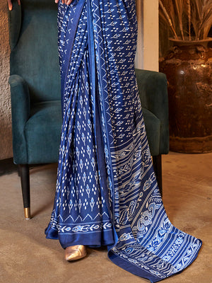 Blue Printed Satin Saree With Blouse Piece