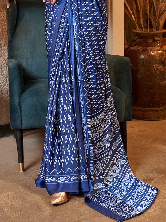 Blue Printed Satin Saree With Blouse Piece