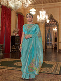 Gold Tissue Fabric With Multi Thread Embroidery Work And Lace Border Details.