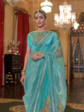 Gold Tissue Fabric With Multi Thread Embroidery Work And Lace Border Details.
