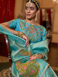 Gold Tissue Fabric With Multi Thread Embroidery Work And Lace Border Details.