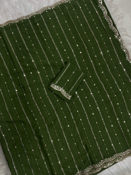 Green Embroidered Saree With Blouse Piece
