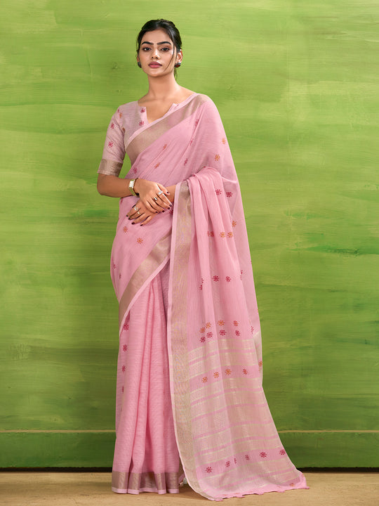 Pink Linen Silk Saree With Blouse Piece