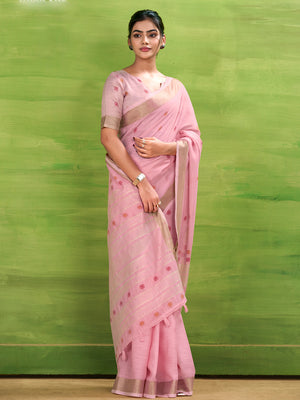 Pink Linen Silk Saree With Blouse Piece