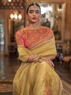 Gold Tissue Fabric With Multi Thread Embroidery Work And Lace Border Details.