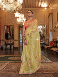 Gold Tissue Fabric With Multi Thread Embroidery Work And Lace Border Details.
