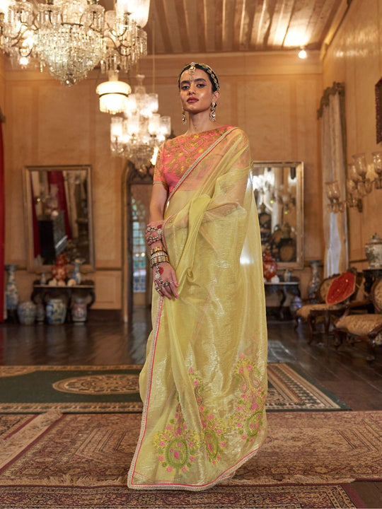 Gold Tissue Fabric With Multi Thread Embroidery Work And Lace Border Details.