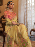 Gold Tissue Fabric With Multi Thread Embroidery Work And Lace Border Details.