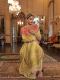 Gold Tissue Fabric With Multi Thread Embroidery Work And Lace Border Details.