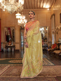 Gold Tissue Fabric With Multi Thread Embroidery Work And Lace Border Details.