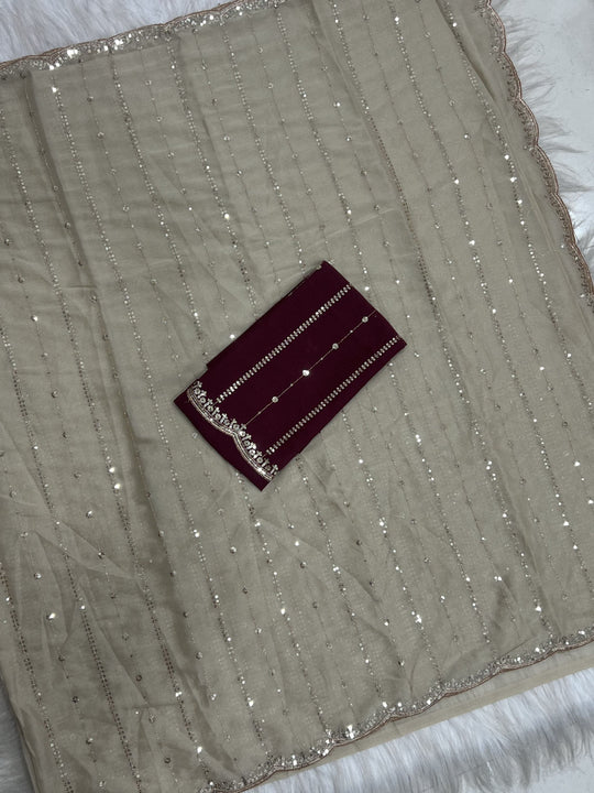 Cream Embroidered Saree With Blouse Piece