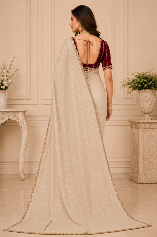Cream Embroidered Saree With Blouse Piece
