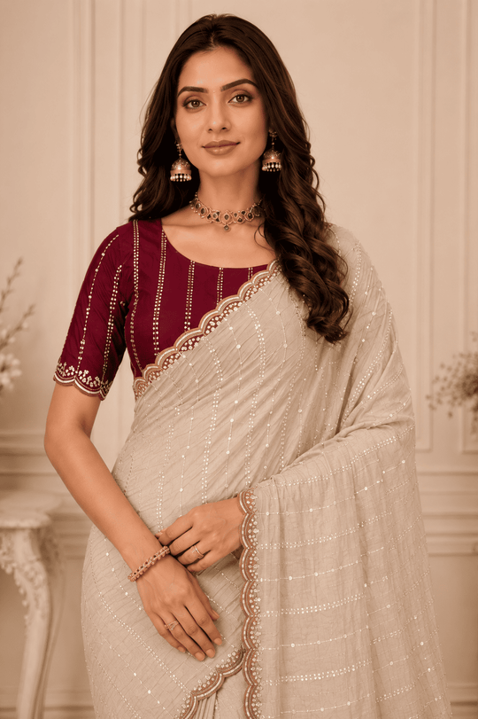 Cream Embroidered Saree With Blouse Piece