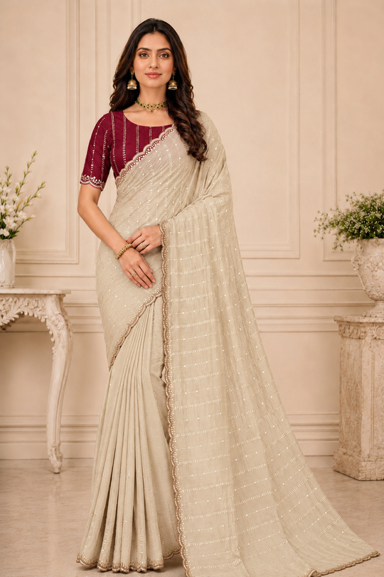 Cream Embroidered Saree With Blouse Piece