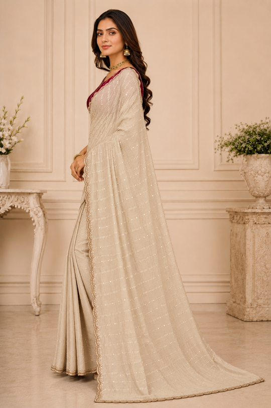 Cream Embroidered Saree With Blouse Piece