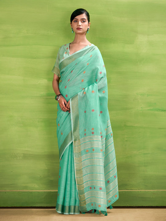 Sea Green Linen Silk Saree With Blouse Piece