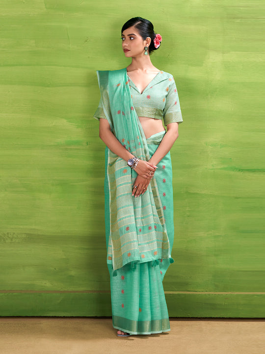 Sea Green Linen Silk Saree With Blouse Piece