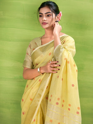 Yellow Linen Silk Saree With Blouse Piece