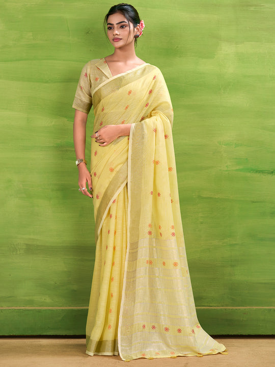 Yellow Linen Silk Saree With Blouse Piece