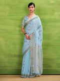 Sky Blue Linen Silk Saree With Blouse Piece