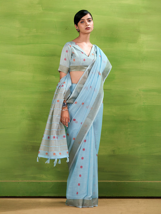 Sky Blue Linen Silk Saree With Blouse Piece