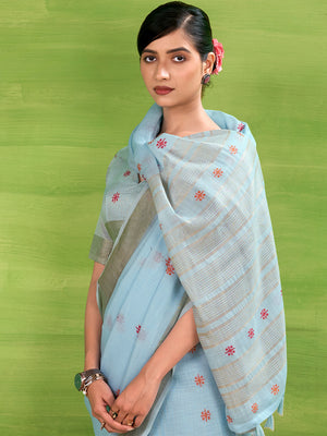Sky Blue Linen Silk Saree With Blouse Piece