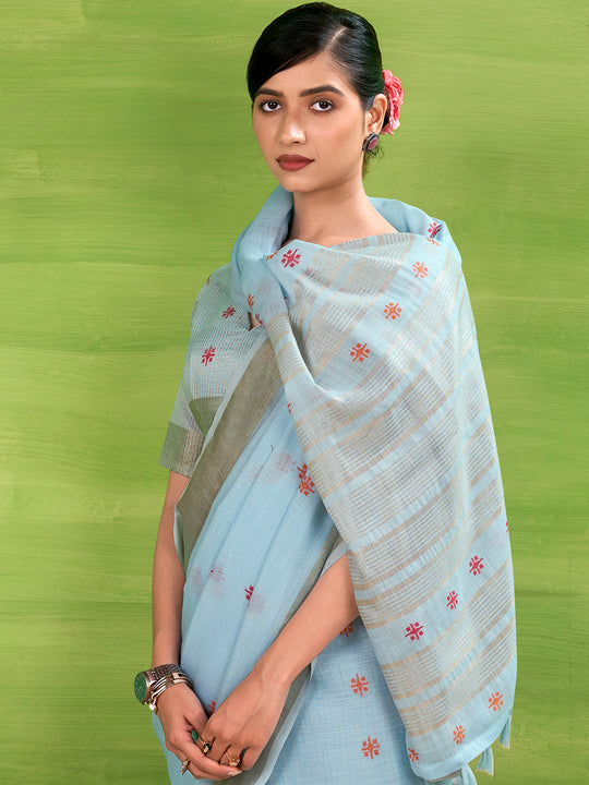 Sky Blue Linen Silk Saree With Blouse Piece