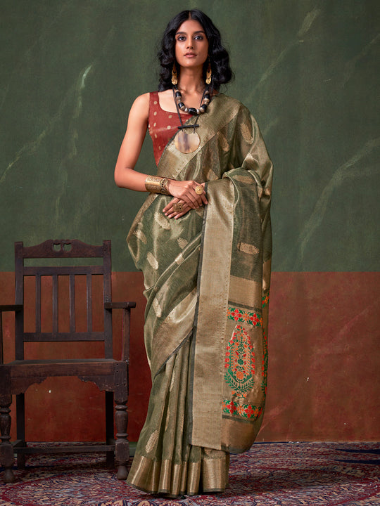 Green Paithani Tissue Saree With Blouse Piece