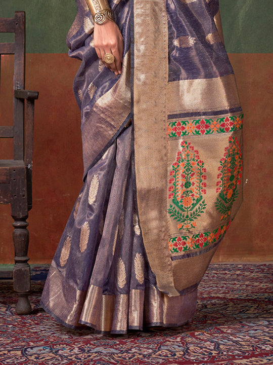Purple Paithani Tissue Saree With Blouse Piece