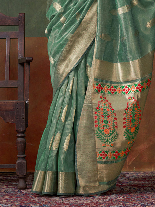 Green Paithani Tissue Saree With Blouse Piece