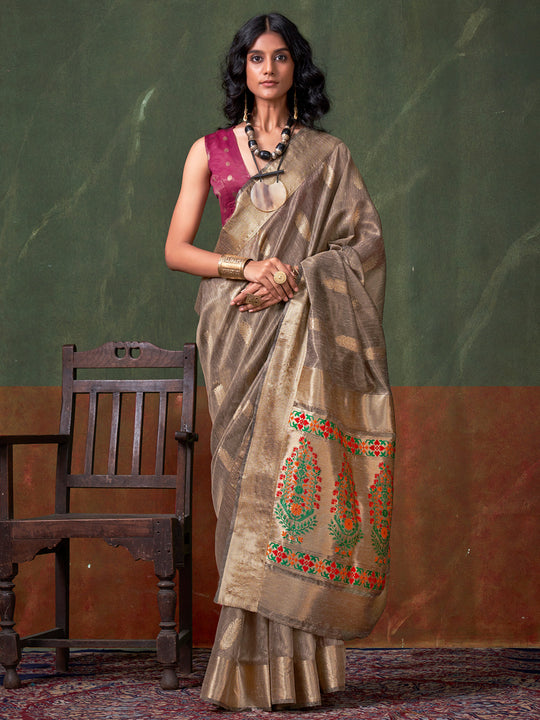 Brown Paithani Tissue Saree With Blouse Piece