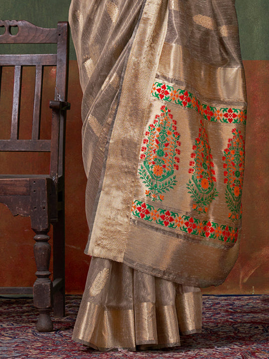 Brown Paithani Tissue Saree With Blouse Piece