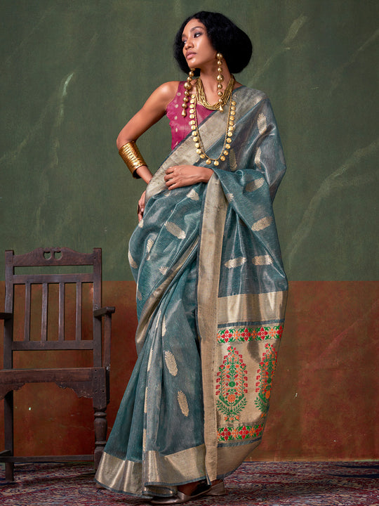 Blue Paithani Tissue Saree With Blouse Piece
