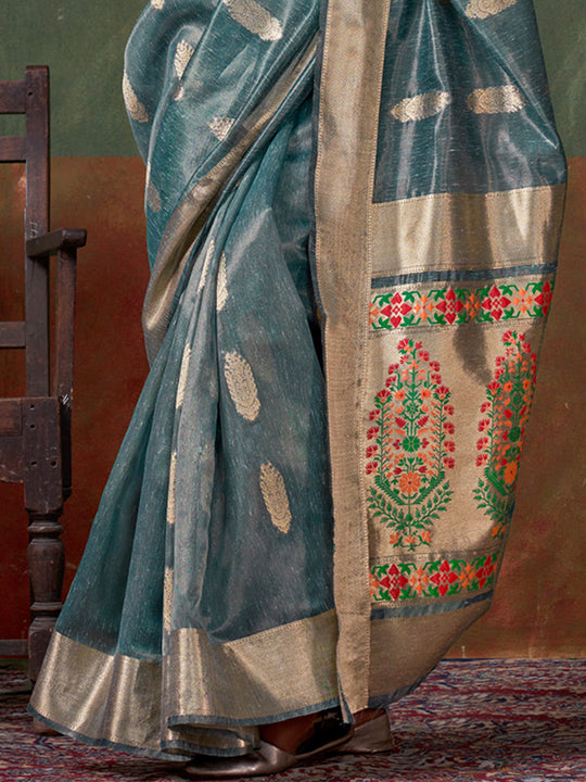 Blue Paithani Tissue Saree With Blouse Piece