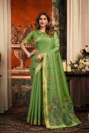 Green Cotton Saree With Blouse Piece