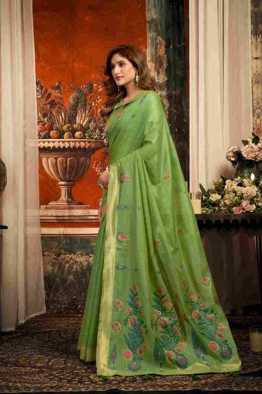 Green Cotton Saree With Blouse Piece
