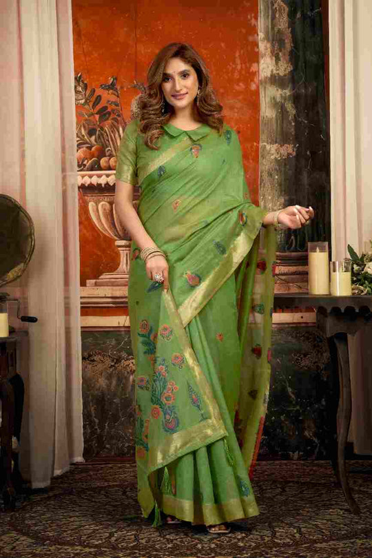 Green Cotton Saree With Blouse Piece