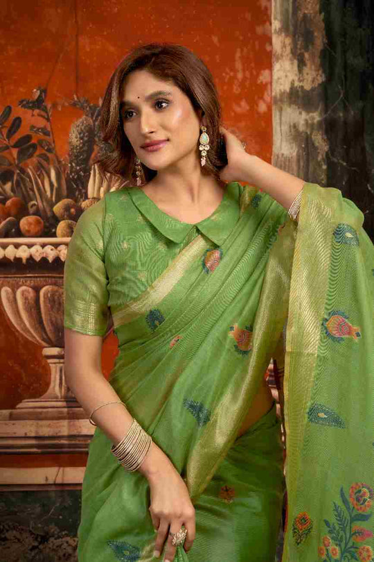 Green Cotton Saree With Blouse Piece