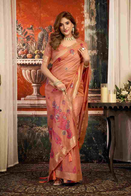 Orange Cotton Saree With Blouse Piece
