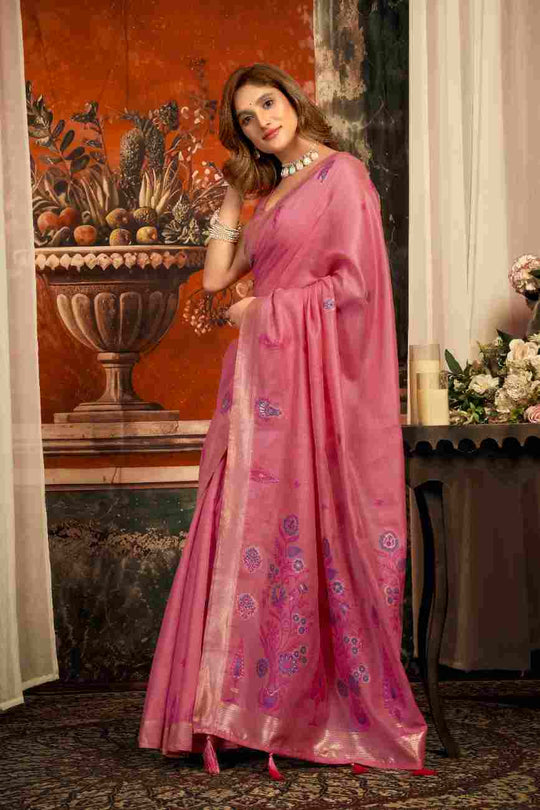 Pink Cotton Saree With Blouse Piece