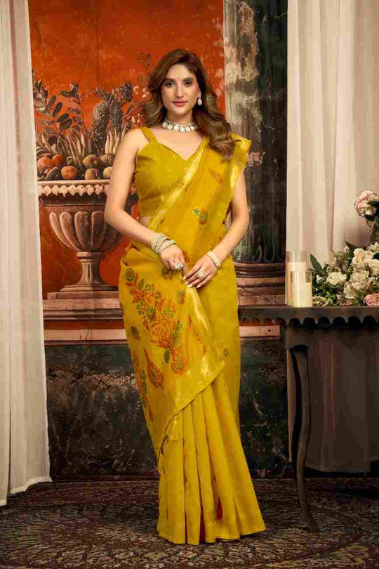 Yellow Cotton Saree With Blouse Piece