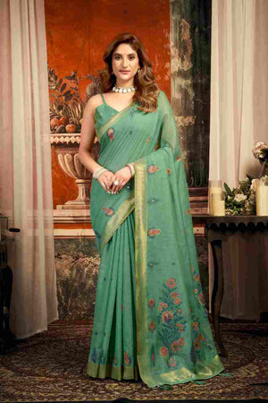 Sea Green Cotton Saree With Blouse Piece