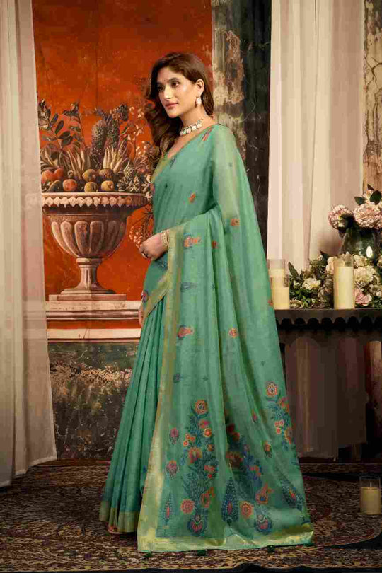 Sea Green Cotton Saree With Blouse Piece