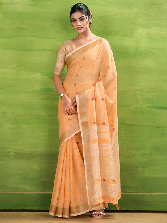Orange Linen Silk Saree With Blouse Piece