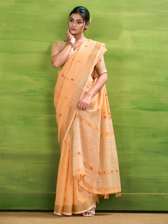 Orange Linen Silk Saree With Blouse Piece