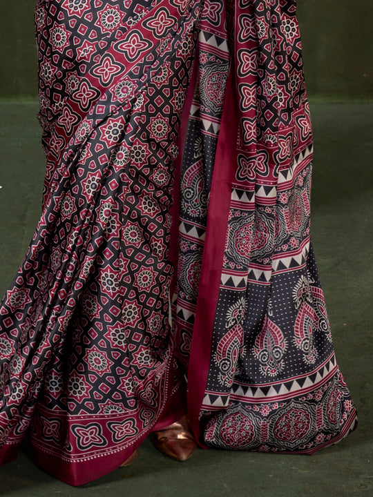 Red Printed Ajarakh - Satin Crepe Saree With Blouse Piece