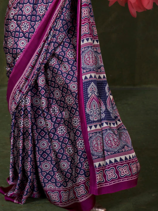 Wine Printed Ajarakh - Satin Crepe Saree With Blouse Piece